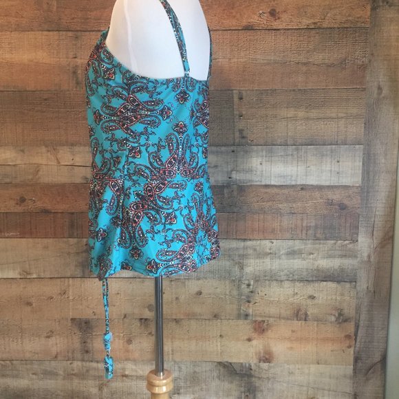 Turquoise Paisley Print Tankini Size L Asymmetric Ruched Side Top Bikini Bottom - Picture 2 of 8